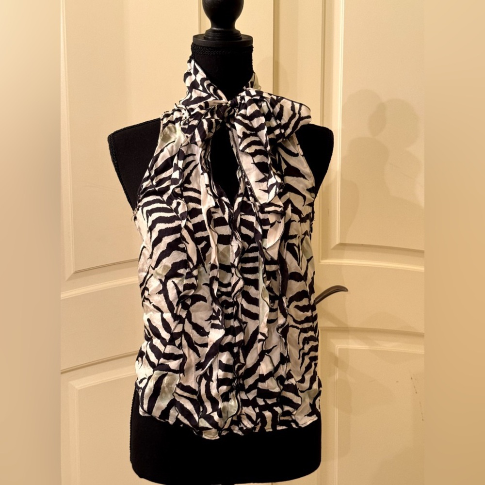 Max Mara Black White Zebra Print Tie Neck Italy Sleeveless Blouse Size 0